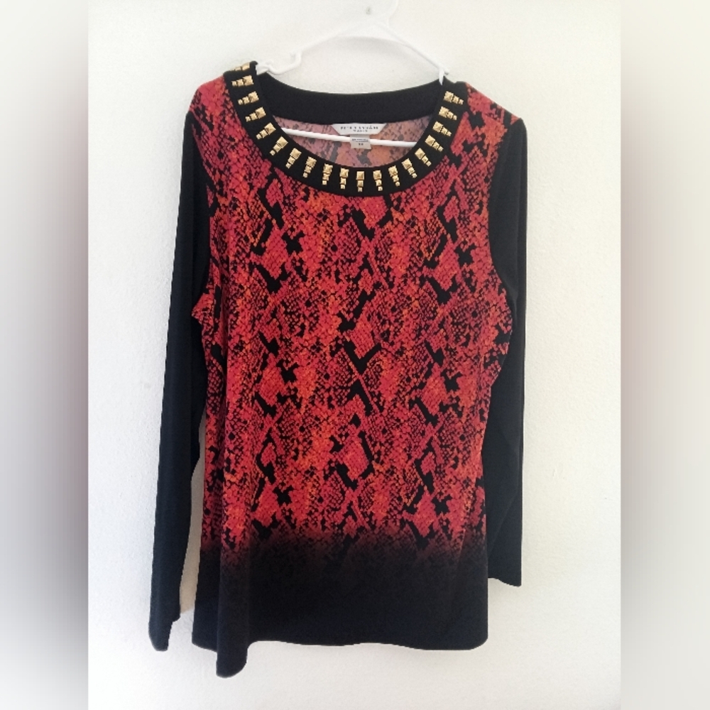 Peter Nygard Red Snake-Print Long Sleeve Top with Studded Neckline
